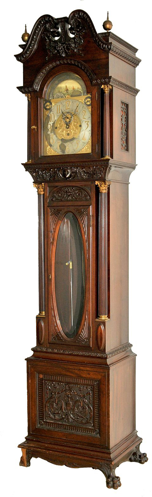 George III-style mahogany long-case clock, John Creed Jennens & Sons, London circa 1875-1881, 12-inch silver brass dial with  pierced steel hands signed ‘J.C Jennens & Sons, G.T. Sutton Street, London.' Height: 104 1/2 inches, width: 25 1/2 inches, depth: 19 inches. Estimate: $8,000-$10,000. Image courtesy of Gray’s Auctioneers.